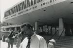Man walks away from the Hannah Building during the 1989 student occupation