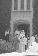 Bride and groom exiting Alumni Chapel; September 29, 1981