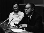 Clifton Wharton at his resignation press conference, 1977