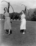 Two women practicing archery, 1937