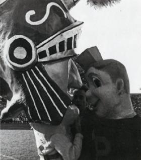 Mascots Sparty and Purdue Pete at a game, 1966 title=Mascots Sparty and Purdue Pete at a game, 1966