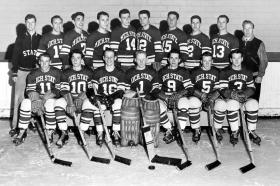 A team photo of the men's hockey team, 1950 ca.
 title=A team photo of the men's hockey team, 1950 ca.
