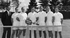 MSU Tennis team and the coach, date unknown title=MSU Tennis team and the coach, date unknown